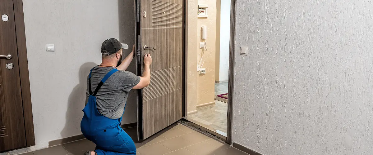 Professional in blue workwear installing a modern wooden door in a textured interior room, highlighting skilled craftsmanship and home improvement.