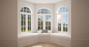 Big bay window with garden meadow panorama, minimalist empty space, background classic interior design